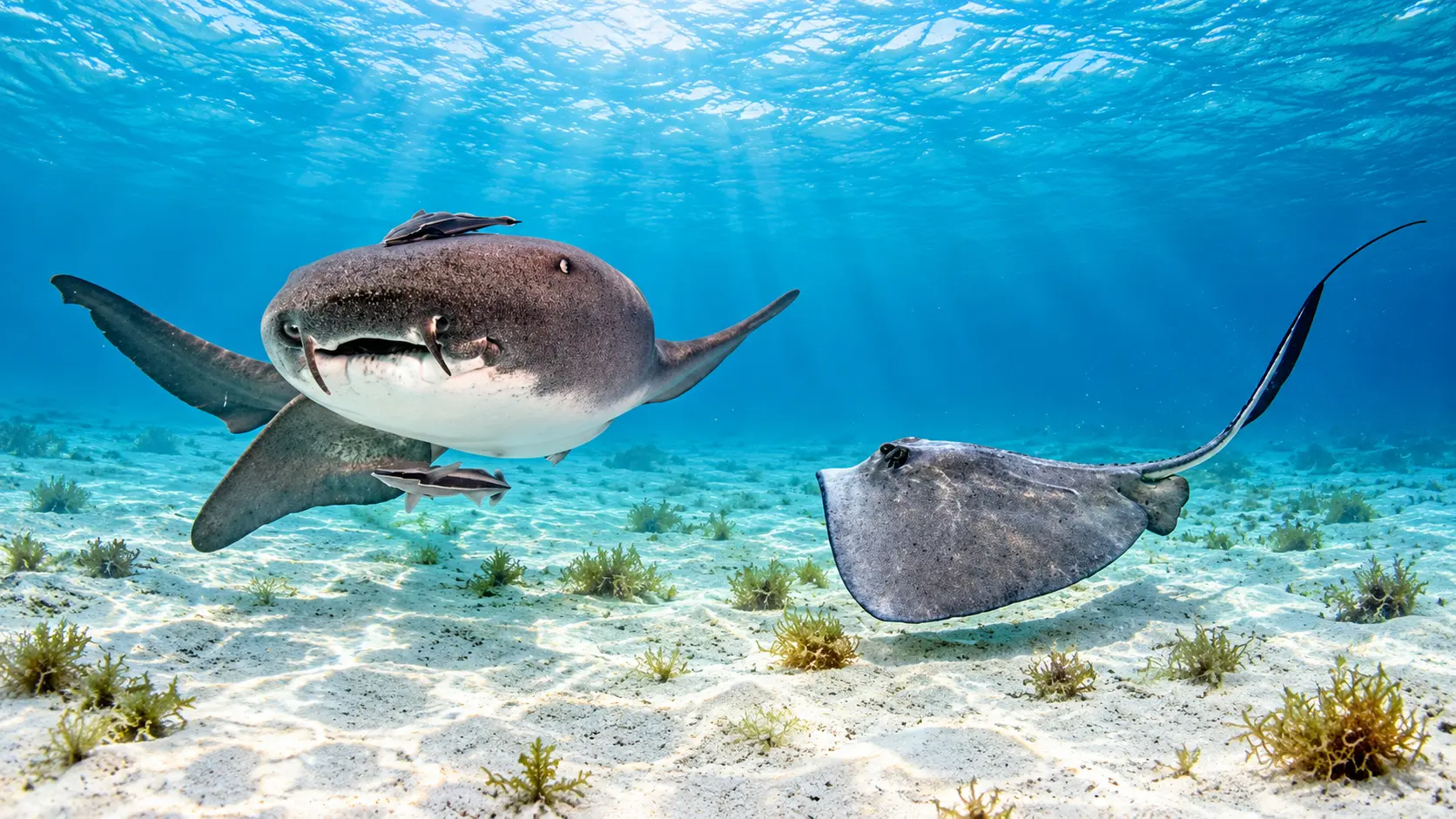 Nurse shark and southern stingray swimming over a sandy reef floor in Belize